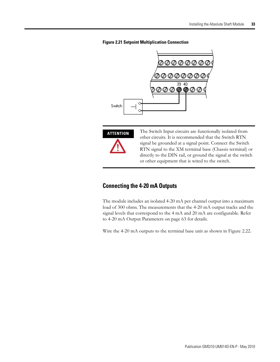 Connecting the 4-20 ma outputs | Rockwell Automation 1440-VLF02-01RA XM-121 Absolute Shaft Module User Manual | Page 41 / 158