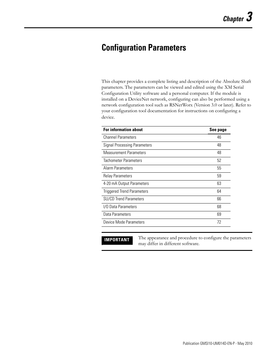 Configuration parameters, Chapter 3, Chapter | Rockwell Automation 1440-VLF02-01RA XM-121 Absolute Shaft Module User Manual | Page 53 / 158