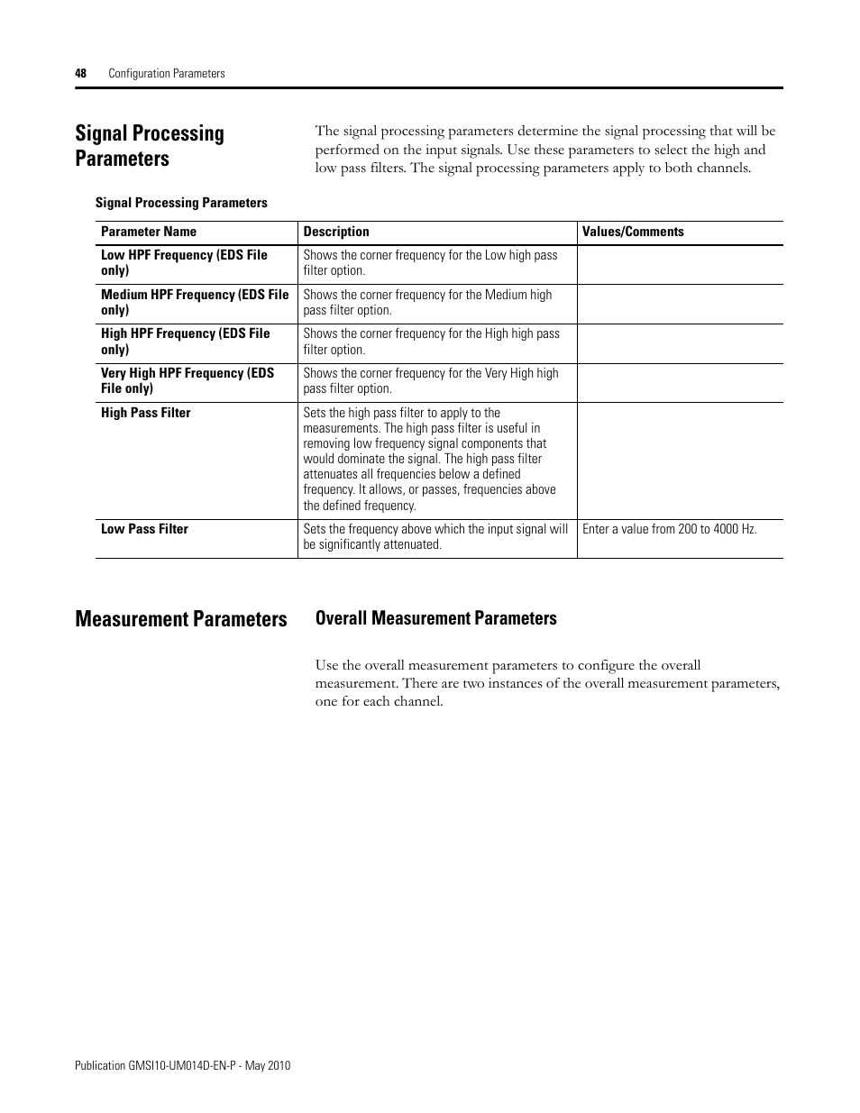 Signal processing parameters, Measurement parameters, Overall measurement parameters | Rockwell Automation 1440-VLF02-01RA XM-121 Absolute Shaft Module User Manual | Page 56 / 158