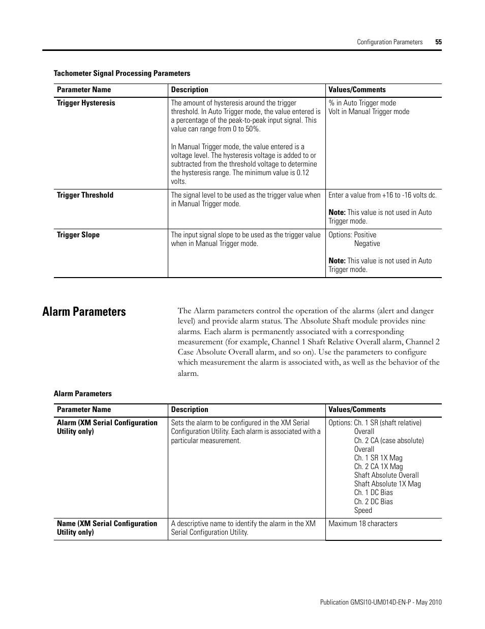 Alarm parameters | Rockwell Automation 1440-VLF02-01RA XM-121 Absolute Shaft Module User Manual | Page 63 / 158