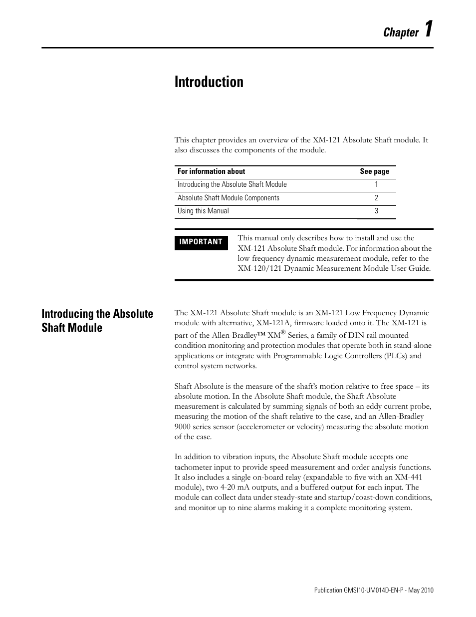 Introduction, Introducing the absolute shaft module, Chapter 1 | Chapter | Rockwell Automation 1440-VLF02-01RA XM-121 Absolute Shaft Module User Manual | Page 9 / 158