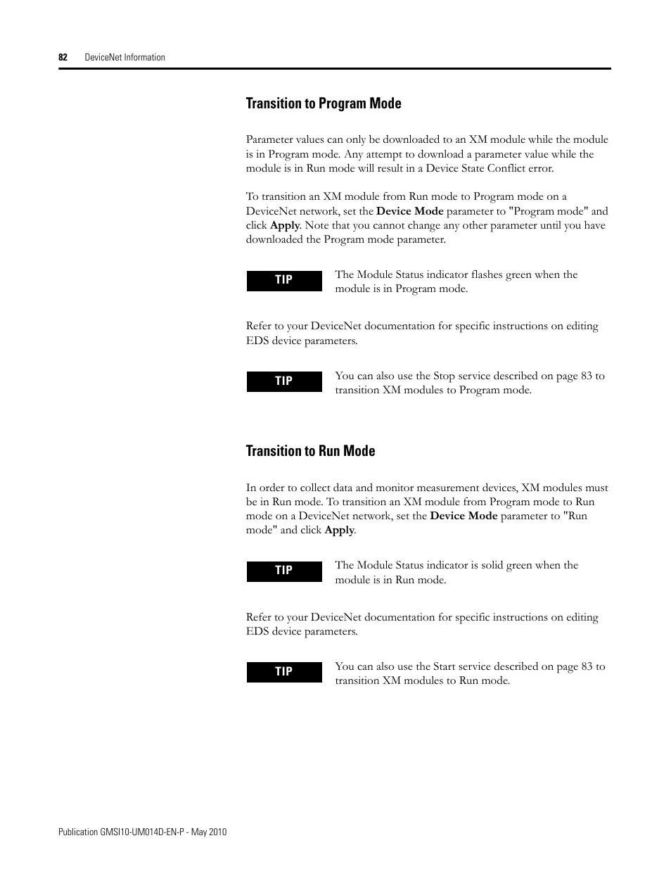 Transition to program mode, Transition to run mode, Transition to program mode transition to run mode | Rockwell Automation 1440-VLF02-01RA XM-121 Absolute Shaft Module User Manual | Page 90 / 158