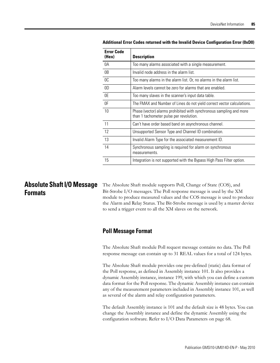 Absolute shaft i/o message formats, Poll message format | Rockwell Automation 1440-VLF02-01RA XM-121 Absolute Shaft Module User Manual | Page 93 / 158