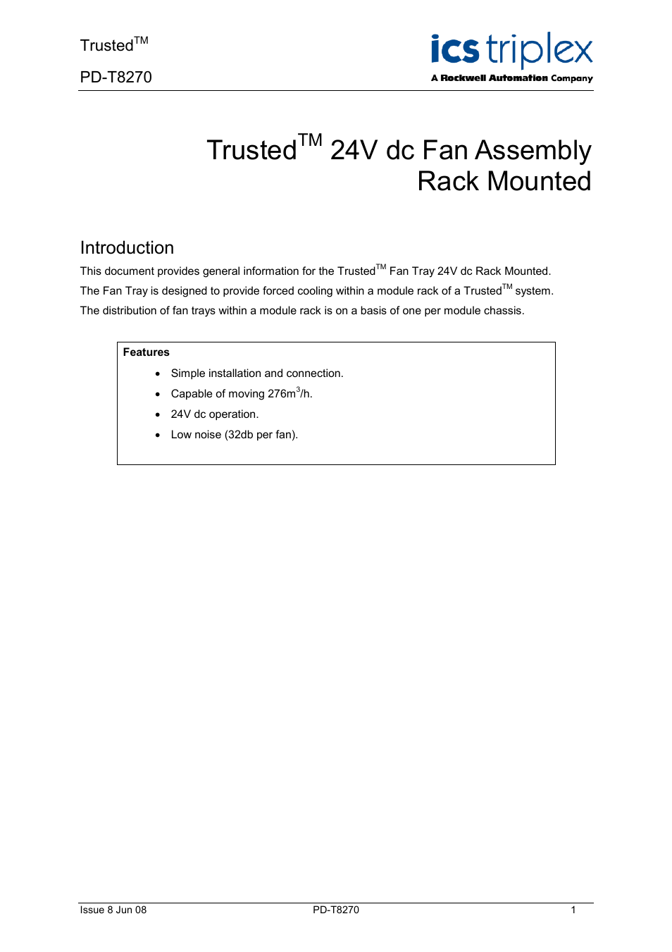 Rockwell Automation T8270 Trusted 24V dc Fan Assembly Rack Mounted User Manual | 10 pages