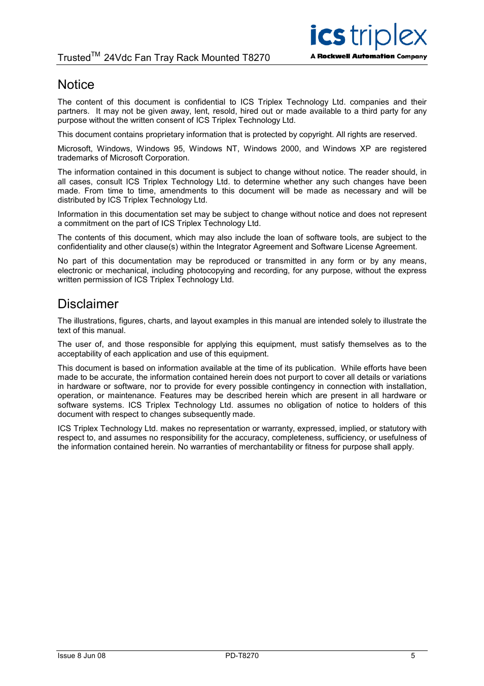 Notice, Disclaimer | Rockwell Automation T8270 Trusted 24V dc Fan Assembly Rack Mounted User Manual | Page 5 / 10