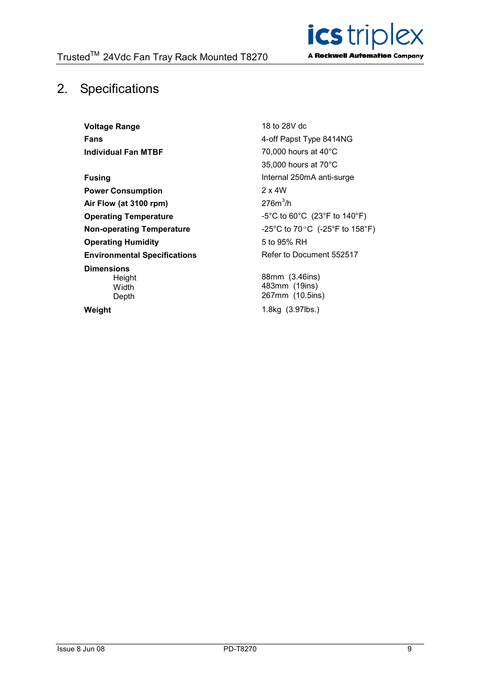 Specifications, Trusted | Rockwell Automation T8270 Trusted 24V dc Fan Assembly Rack Mounted User Manual | Page 9 / 10