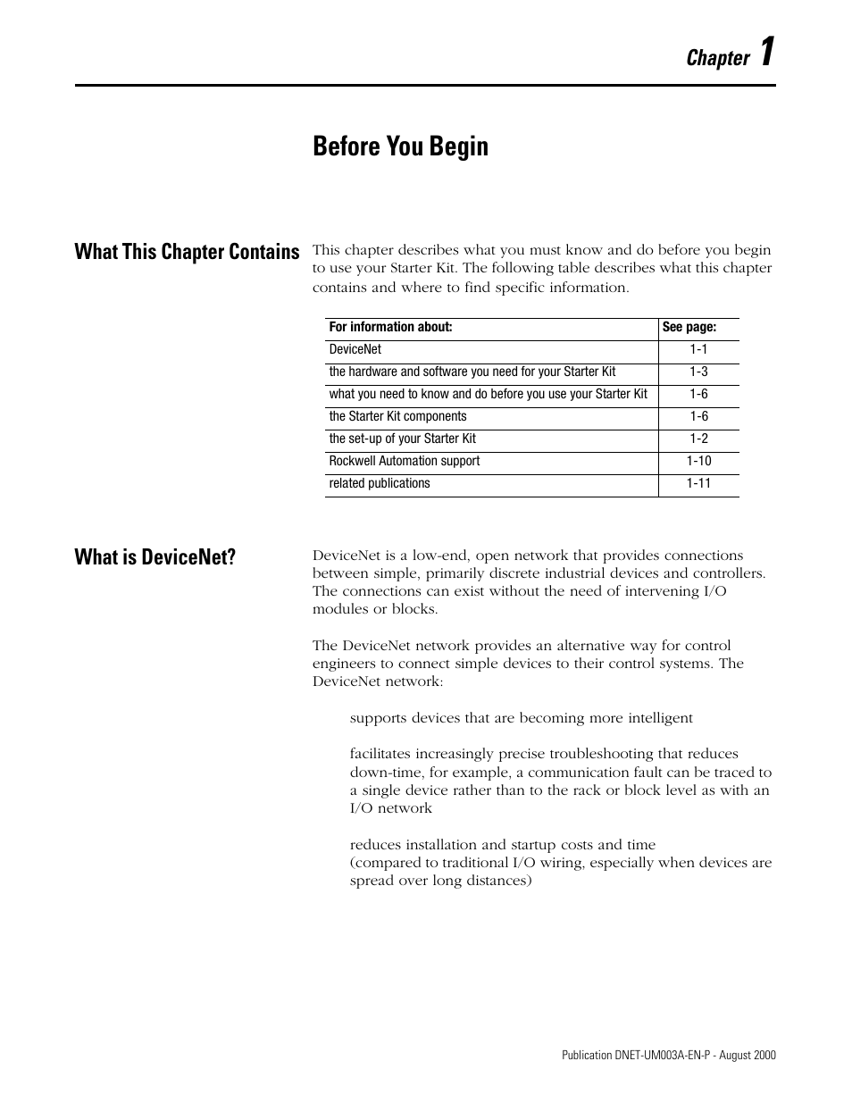 1 - before you begin, What this chapter contains, What is devicenet | Chapter 1, Before you begin, Chapter | Rockwell Automation 1787-GEN2SKIT, -2, -3, -4, -5, -6, -7 DeviceNet Starter Kit User Manual User Manual | Page 11 / 142