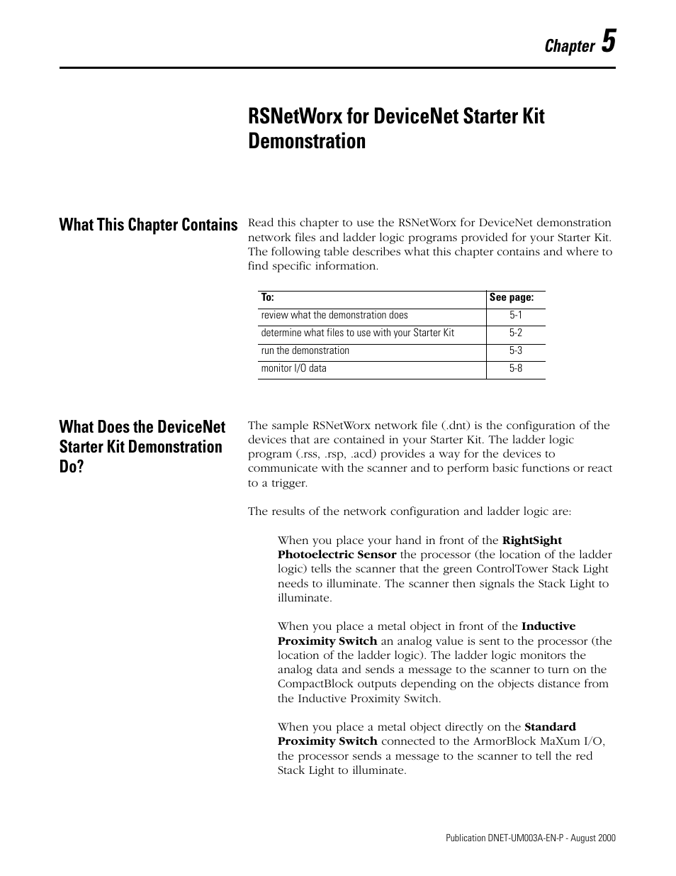 What this chapter contains, Chapter 5, Rsnetworx for devicenet starter kit demonstration | Chapter | Rockwell Automation 1787-GEN2SKIT, -2, -3, -4, -5, -6, -7 DeviceNet Starter Kit User Manual User Manual | Page 123 / 142