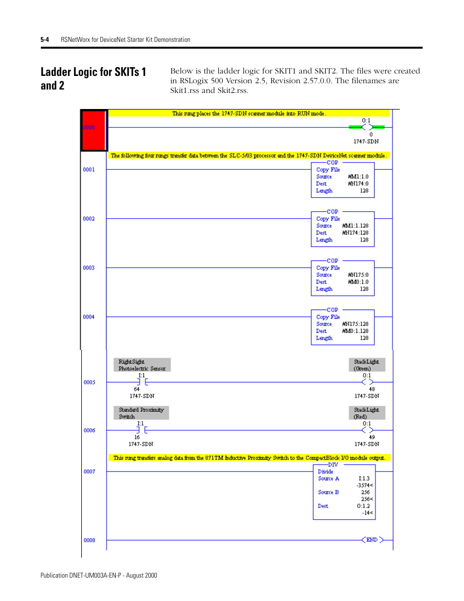 Ladder logic for skits 1 and 2, Ladder logic for skits 1 and 2 -4 | Rockwell Automation 1787-GEN2SKIT, -2, -3, -4, -5, -6, -7 DeviceNet Starter Kit User Manual User Manual | Page 126 / 142