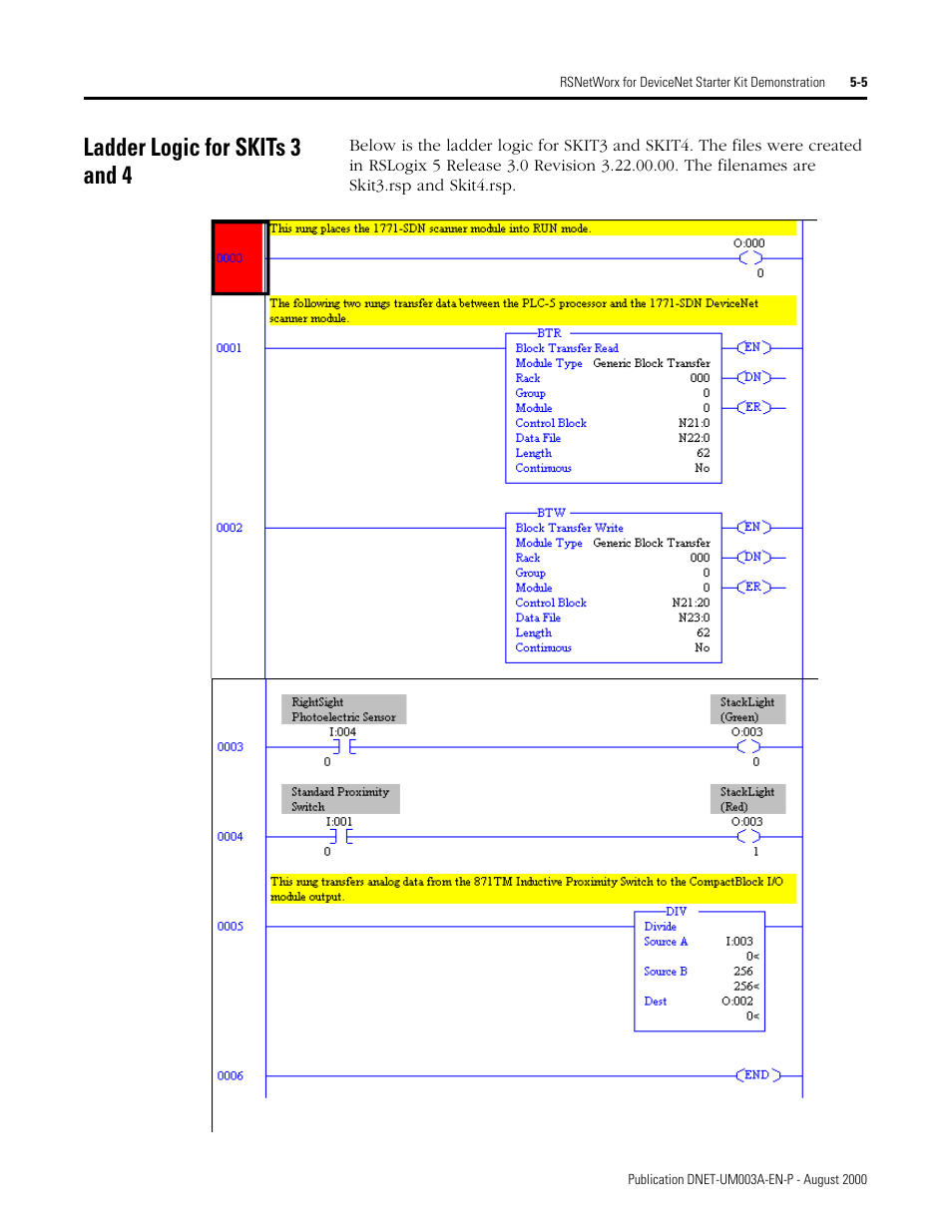 Ladder logic for skits 3 and 4, Ladder logic for skits 3 and 4 -5 | Rockwell Automation 1787-GEN2SKIT, -2, -3, -4, -5, -6, -7 DeviceNet Starter Kit User Manual User Manual | Page 127 / 142