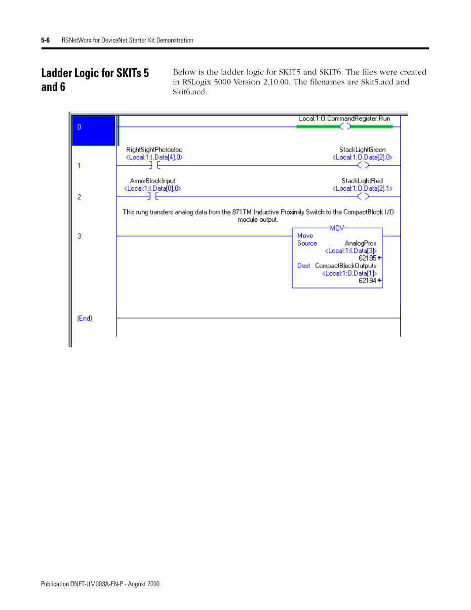 Ladder logic for skits 5 and 6, Ladder logic for skits 5 and 6 -6 | Rockwell Automation 1787-GEN2SKIT, -2, -3, -4, -5, -6, -7 DeviceNet Starter Kit User Manual User Manual | Page 128 / 142