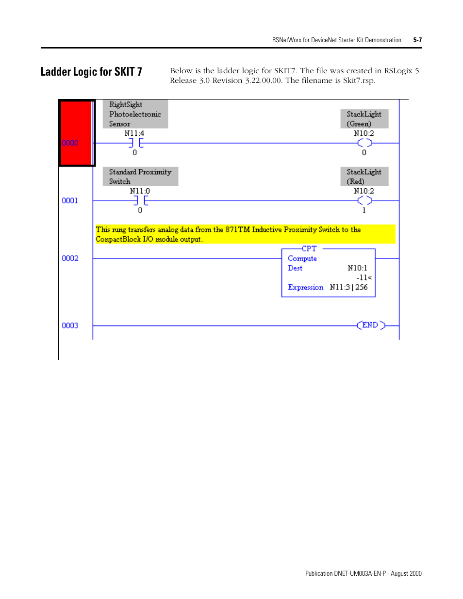 Ladder logic for skit 7, Ladder logic for skit 7 -7 | Rockwell Automation 1787-GEN2SKIT, -2, -3, -4, -5, -6, -7 DeviceNet Starter Kit User Manual User Manual | Page 129 / 142