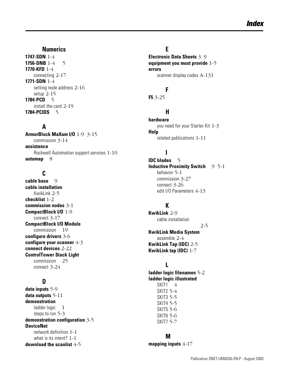 Index | Rockwell Automation 1787-GEN2SKIT, -2, -3, -4, -5, -6, -7 DeviceNet Starter Kit User Manual User Manual | Page 139 / 142