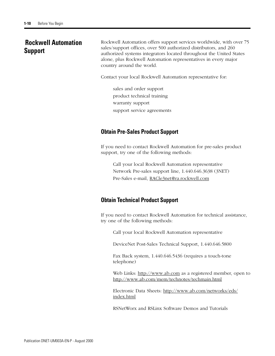 Rockwell automation support, Rockwell automation support -10, Obtain pre-sales product support | Obtain technical product support | Rockwell Automation 1787-GEN2SKIT, -2, -3, -4, -5, -6, -7 DeviceNet Starter Kit User Manual User Manual | Page 20 / 142