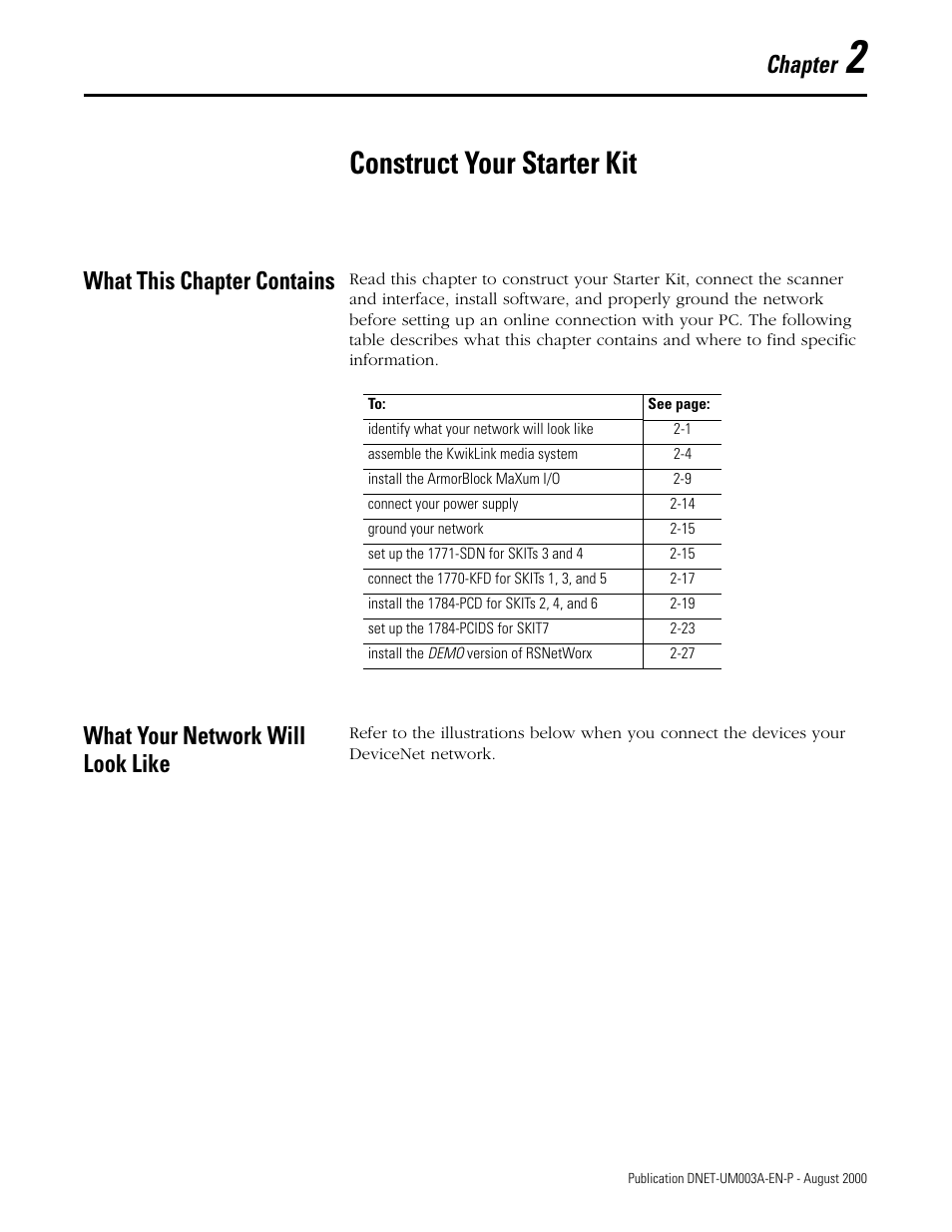 2 - construct your starter kit, What this chapter contains, What your network will look like | Chapter 2, Construct your starter kit, Chapter | Rockwell Automation 1787-GEN2SKIT, -2, -3, -4, -5, -6, -7 DeviceNet Starter Kit User Manual User Manual | Page 23 / 142