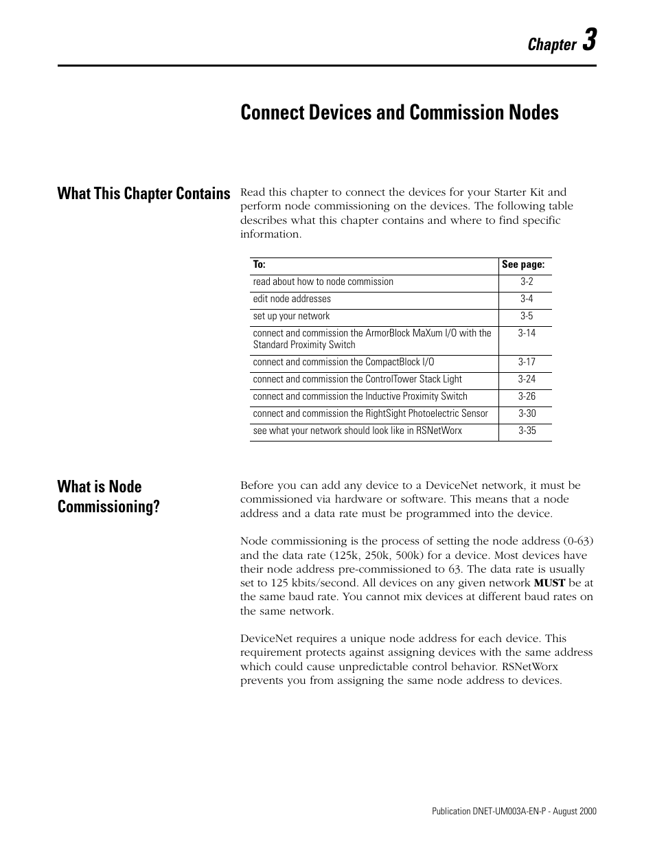 3 - connect devices and commission nodes, What this chapter contains, What is node commissioning | Chapter 3, Connect devices and commission nodes, Chapter | Rockwell Automation 1787-GEN2SKIT, -2, -3, -4, -5, -6, -7 DeviceNet Starter Kit User Manual User Manual | Page 53 / 142