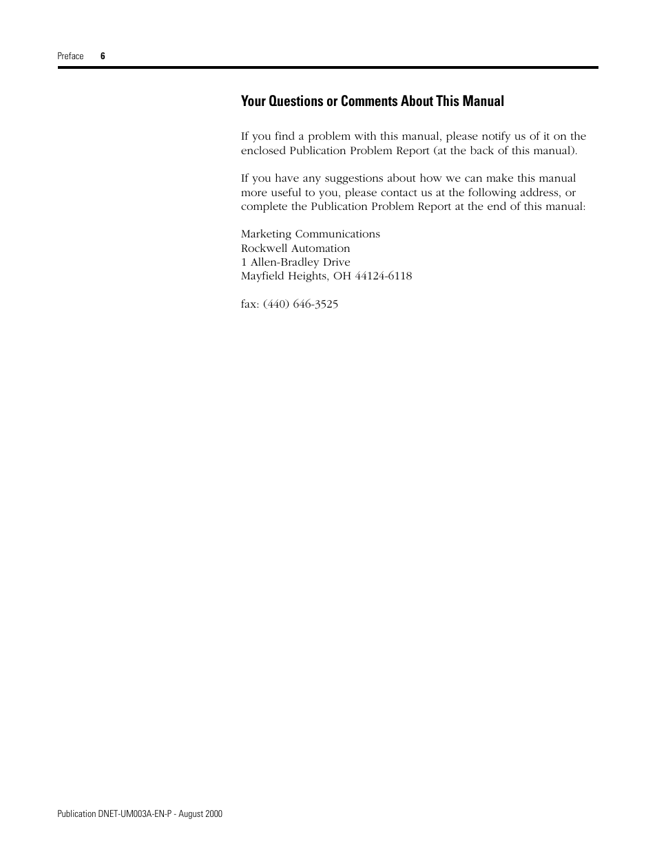 Your questions or comments about this manual | Rockwell Automation 1787-GEN2SKIT, -2, -3, -4, -5, -6, -7 DeviceNet Starter Kit User Manual User Manual | Page 6 / 142