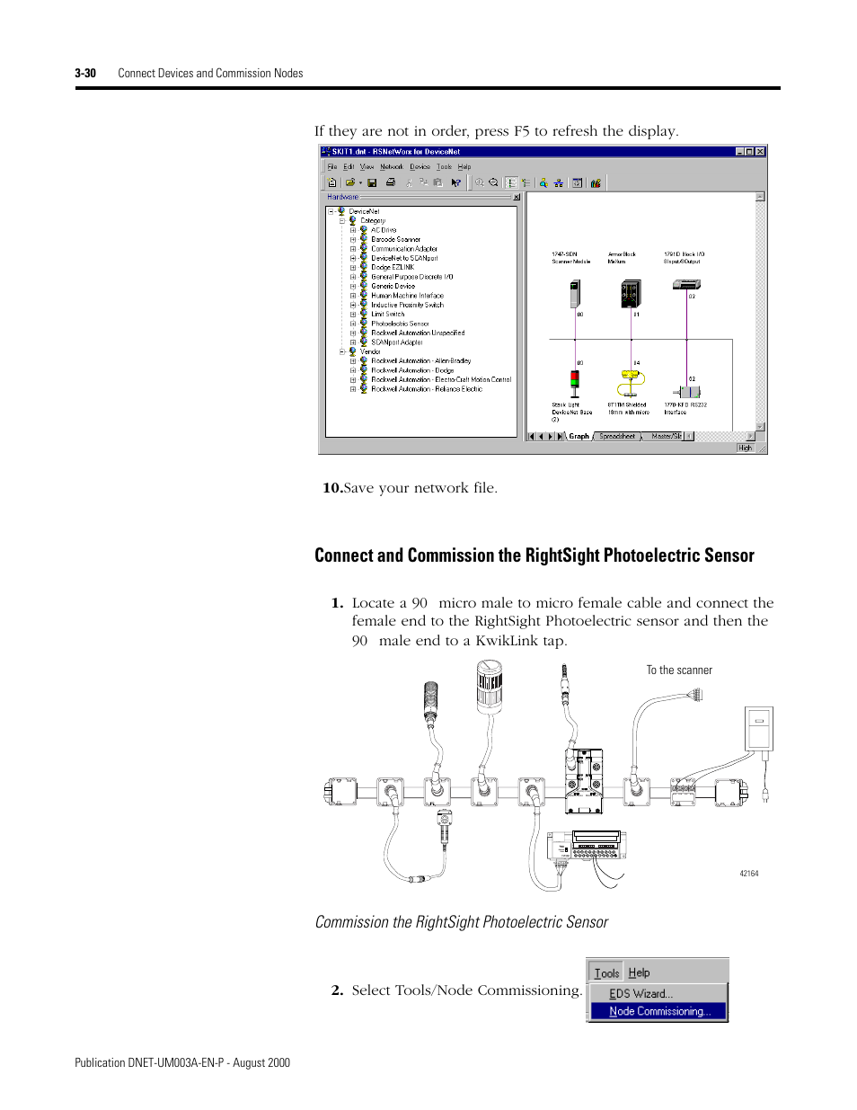 Commission the rightsight photoelectric sensor, Locate a 90, Male end to a kwiklink tap | Select tools/node commissioning | Rockwell Automation 1787-GEN2SKIT, -2, -3, -4, -5, -6, -7 DeviceNet Starter Kit User Manual User Manual | Page 82 / 142