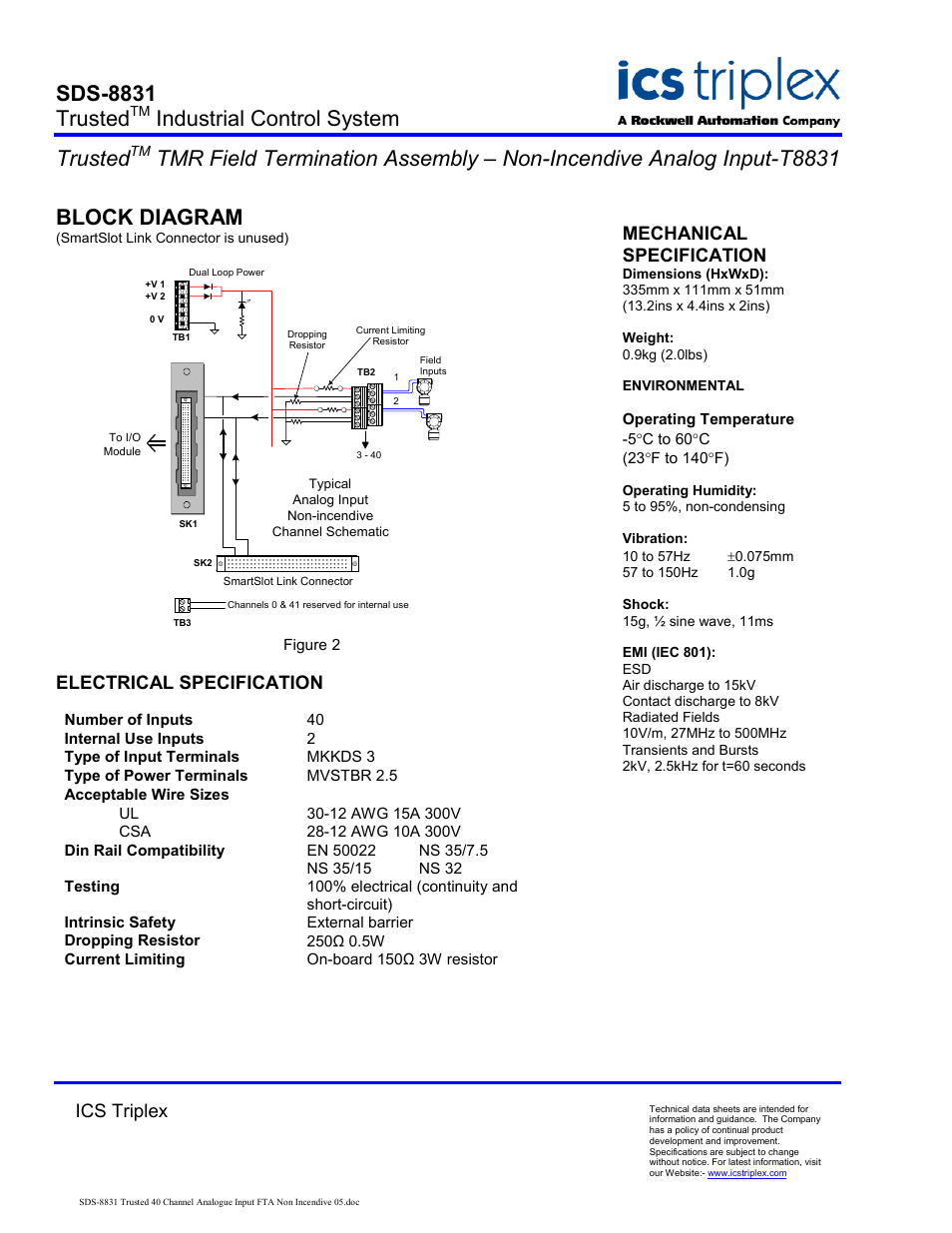 Block diagram, Electrical specification, Sds-8831 trusted | Industrial control system trusted, Ics triplex, Mechanical specification | Rockwell Automation T8831 Trusted 40 Channel Analogue Input FTA Non Incentive User Manual | Page 2 / 2