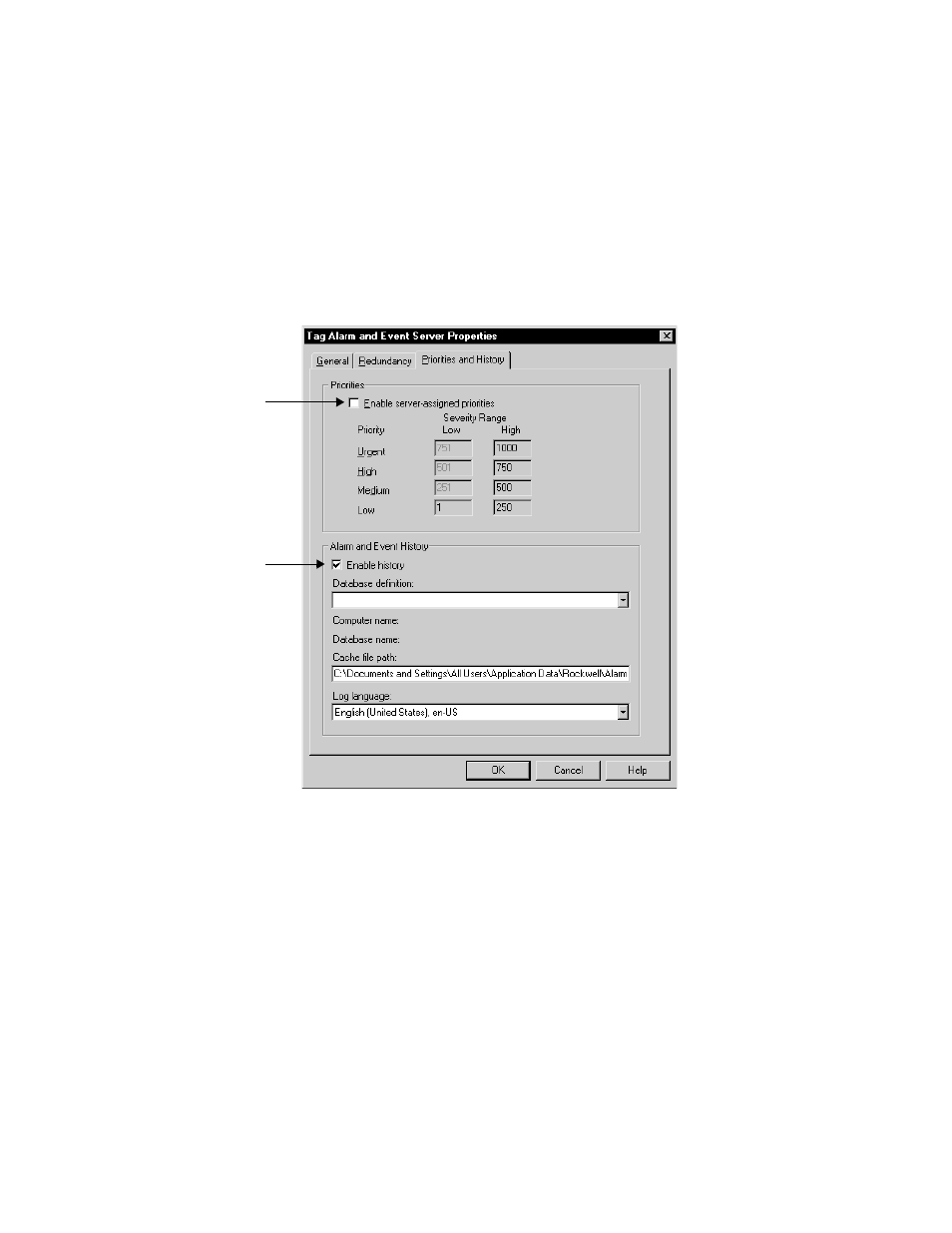 Setting up alarm priorities and history logging | Rockwell Automation FactoryTalk View Site Edition Users Guide User Manual | Page 278 / 696