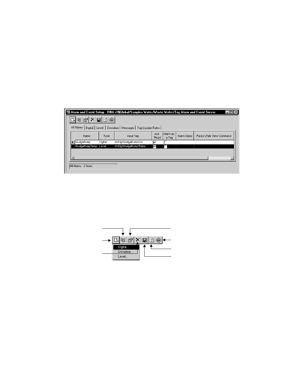 Viewing all tag-based alarms, Setting up status tags for tag-based alarms | Rockwell Automation FactoryTalk View Site Edition Users Guide User Manual | Page 283 / 696