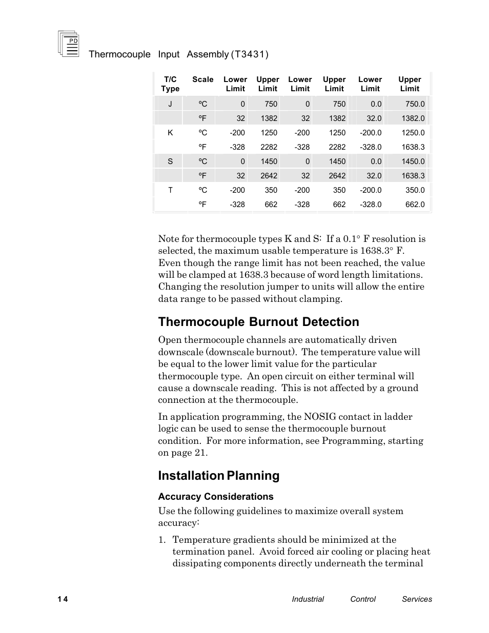 Thermocouple burnout detection, Installation planning | Rockwell Automation T3431-CA ICS Regent Thermo Couple Input Assembly User Manual | Page 14 / 27