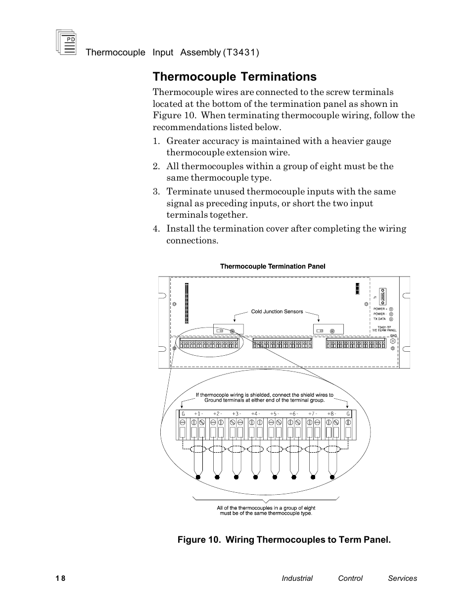 Thermocouple terminations | Rockwell Automation T3431-CA ICS Regent Thermo Couple Input Assembly User Manual | Page 18 / 27