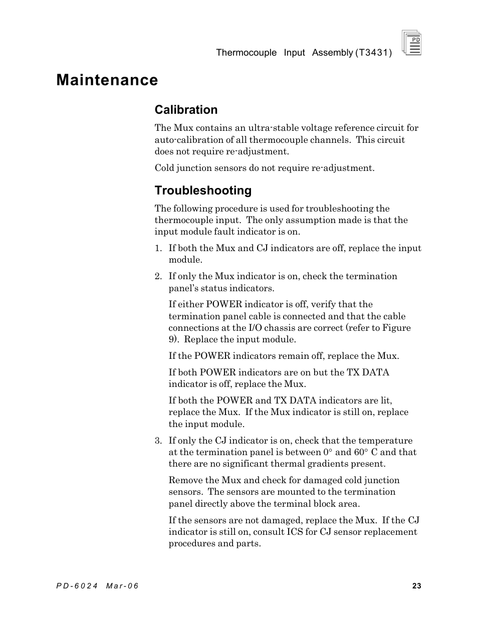 Maintenance, Calibration, Troubleshooting | Rockwell Automation T3431-CA ICS Regent Thermo Couple Input Assembly User Manual | Page 23 / 27