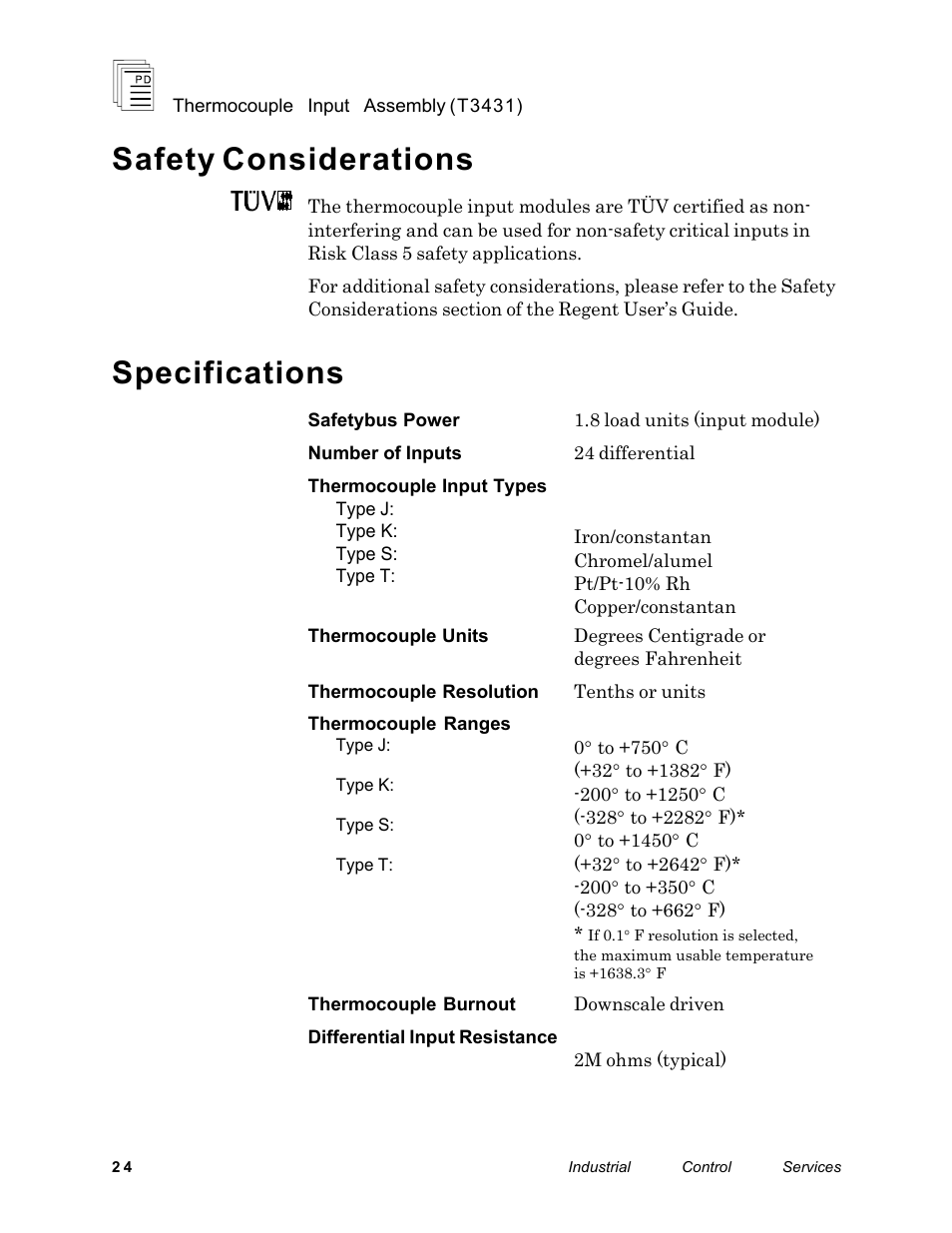 Safety considerations, Specifications | Rockwell Automation T3431-CA ICS Regent Thermo Couple Input Assembly User Manual | Page 24 / 27