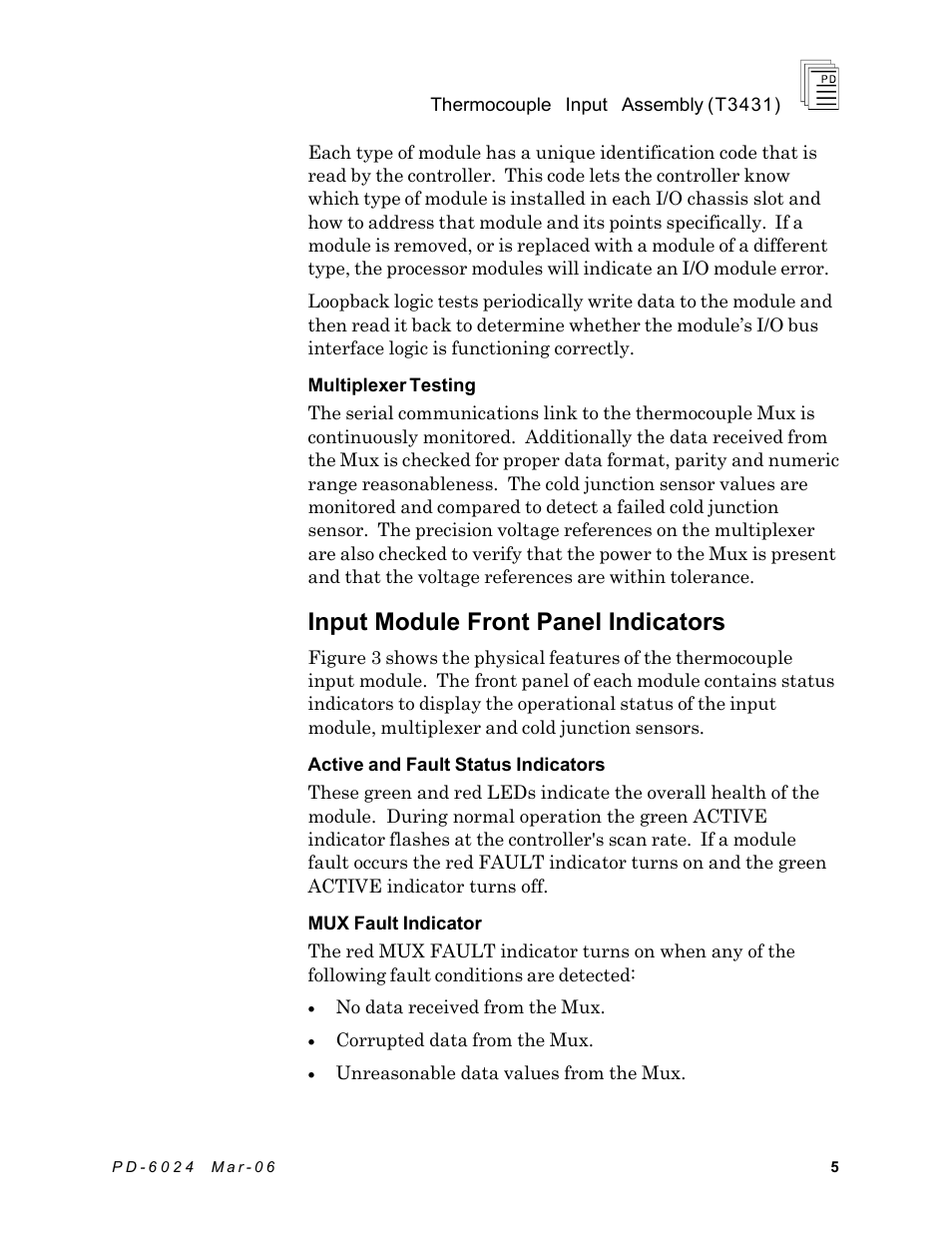 Input module front panel indicators | Rockwell Automation T3431-CA ICS Regent Thermo Couple Input Assembly User Manual | Page 5 / 27