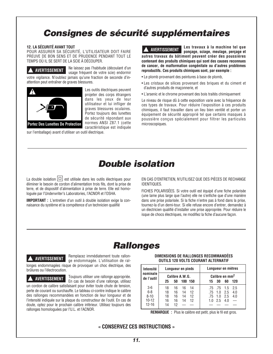 Consignes de sécurité supplémentaires, Double isolation rallonges, Avertissement | Conservez ces instructions | Bosch 4000 User Manual | Page 11 / 68