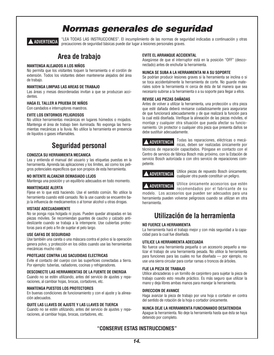 Normas generales de seguridad, Area de trabajo, Seguridad personal | Utilización de la herramienta | Bosch 4000 User Manual | Page 14 / 68