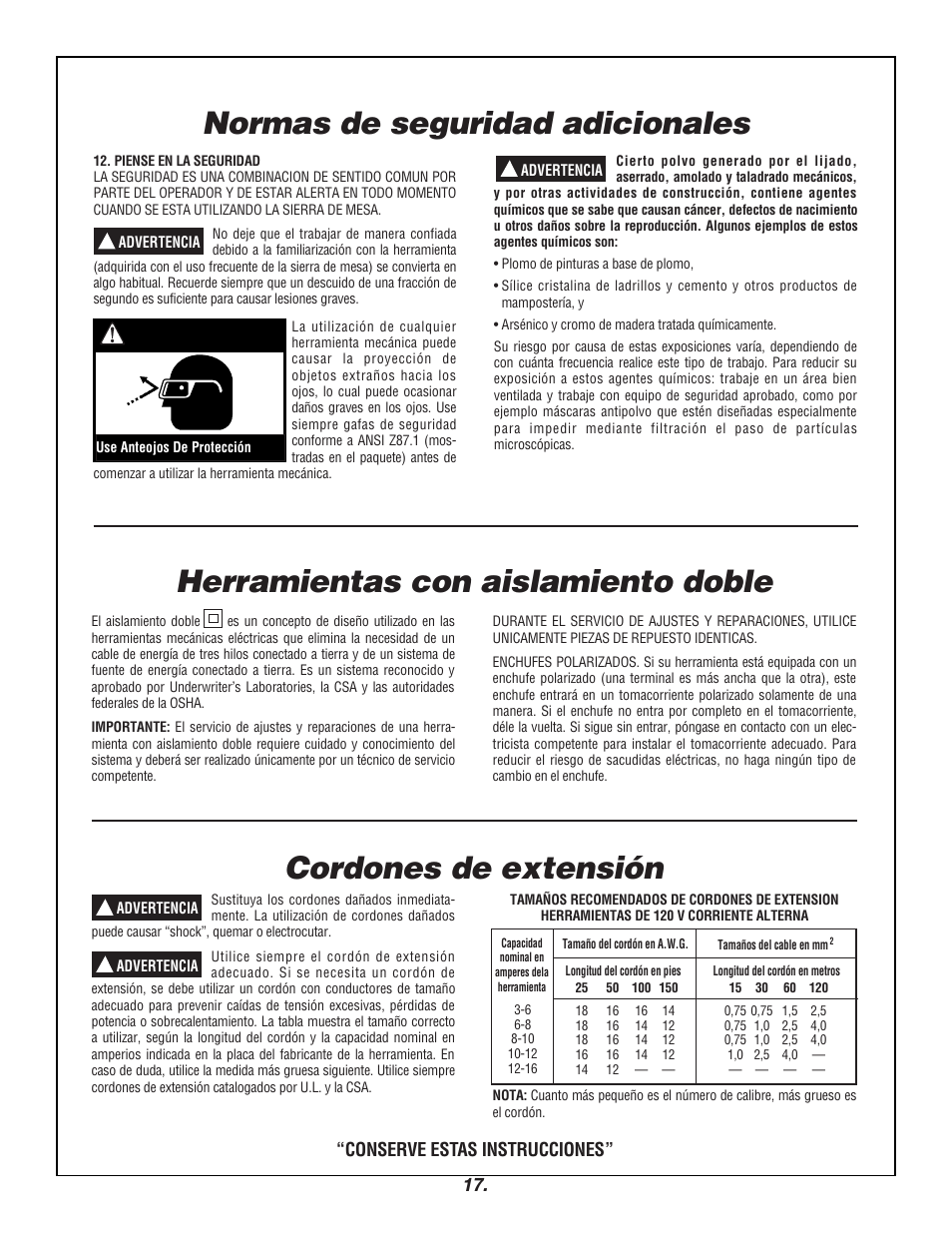 Normas de seguridad adicionales, Advertencia, Conserve estas instrucciones | Bosch 4000 User Manual | Page 17 / 68