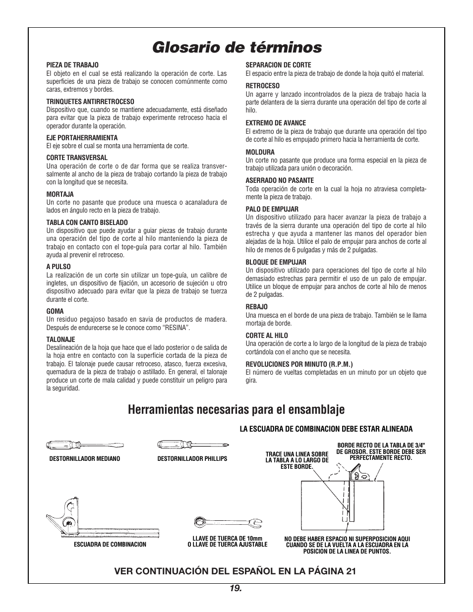 Glosario de términos, Herramientas necesarias para el ensamblaje, Ver continuación del español en la página 21 | Bosch 4000 User Manual | Page 19 / 68