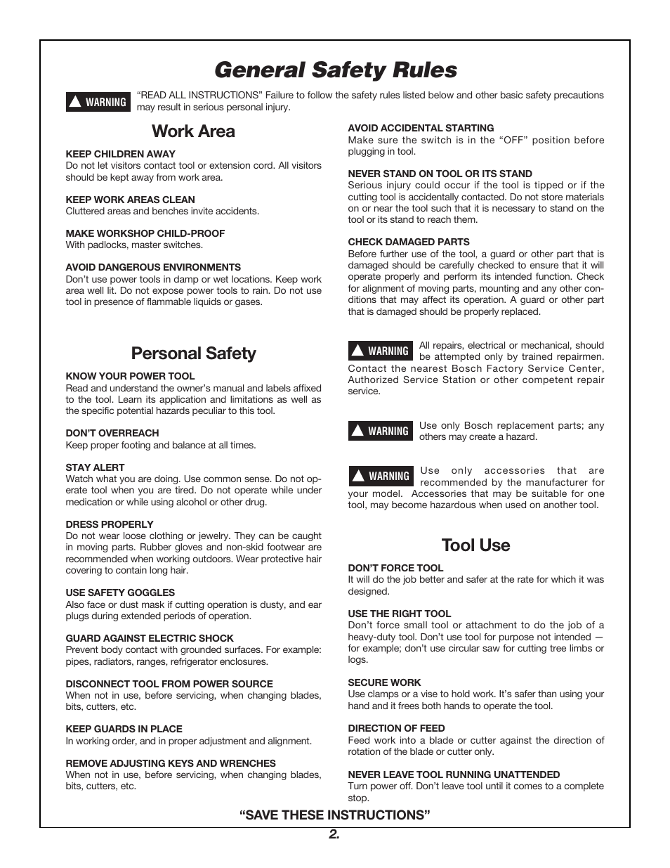 General safety rules, Work area, Personal safety | Tool use | Bosch 4000 User Manual | Page 2 / 68