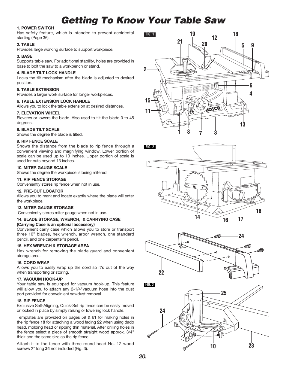 Getting to know your table saw | Bosch 4000 User Manual | Page 20 / 68