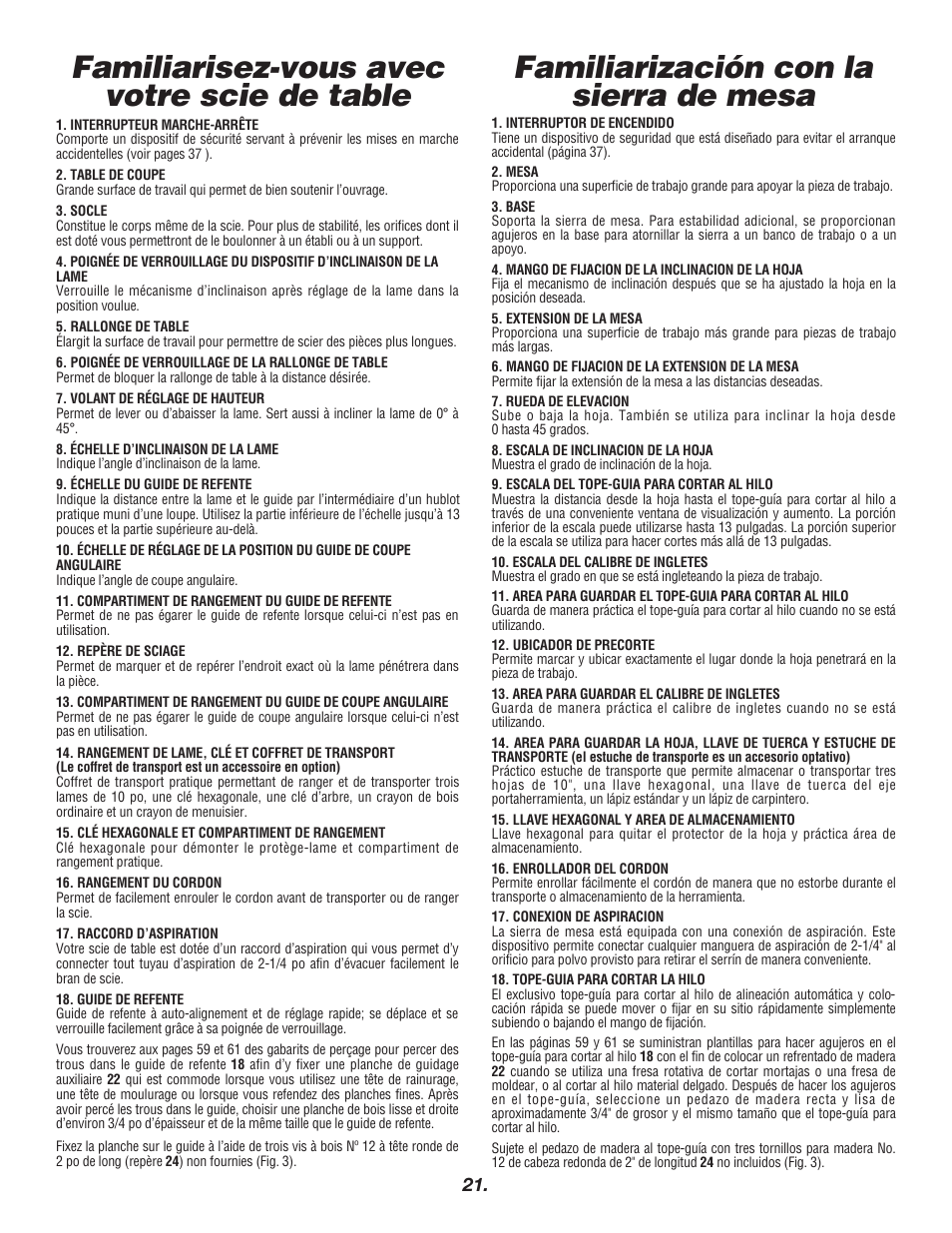 Familiarización con la sierra de mesa, Familiarisez-vous avec votre scie de table | Bosch 4000 User Manual | Page 21 / 68