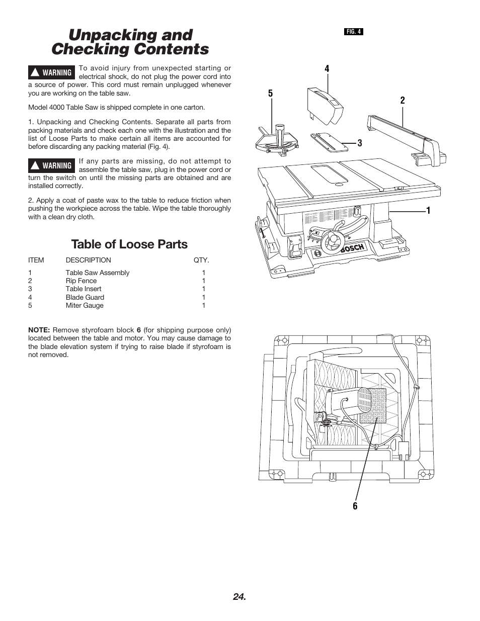 Unpacking and checking contents, Table of loose parts | Bosch 4000 User Manual | Page 24 / 68