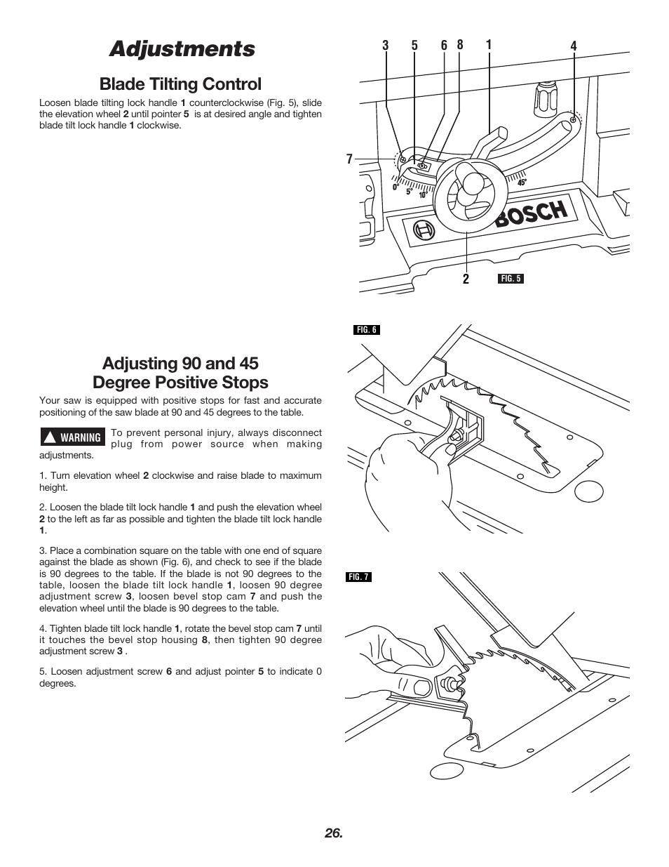 Adjustments, Blade tilting control, Adjusting 90 and 45 degree positive stops | Bosch 4000 User Manual | Page 26 / 68
