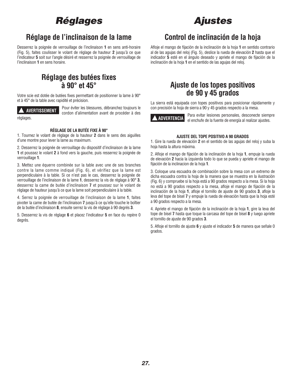 Ajustes, Réglages, Réglage de l’inclinaison de la lame | Réglage des butées fixes à 90° et 45, Control de inclinación de la hoja, Ajuste de los topes positivos de 90 y 45 grados | Bosch 4000 User Manual | Page 27 / 68