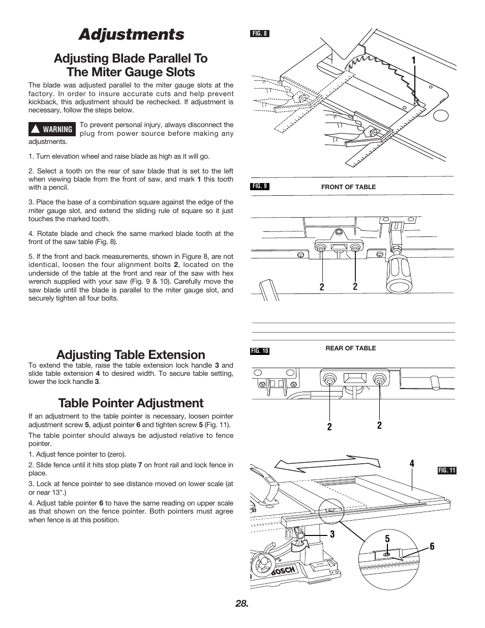 Adjustments, Adjusting blade parallel to the miter gauge slots, Adjusting table extension | Table pointer adjustment | Bosch 4000 User Manual | Page 28 / 68