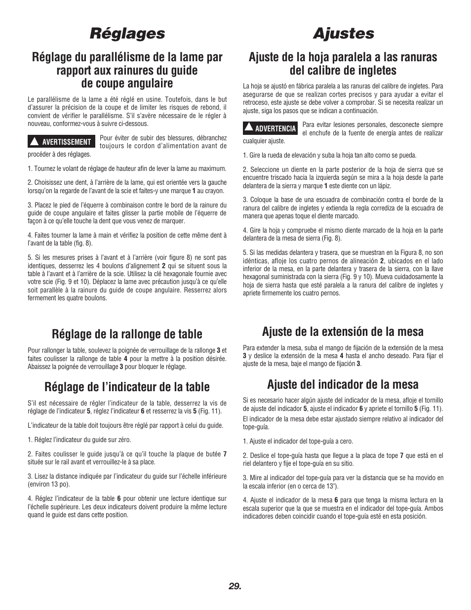 Ajustes, Réglages, Réglage de la rallonge de table | Réglage de l’indicateur de la table, Ajuste de la extensión de la mesa, Ajuste del indicador de la mesa | Bosch 4000 User Manual | Page 29 / 68