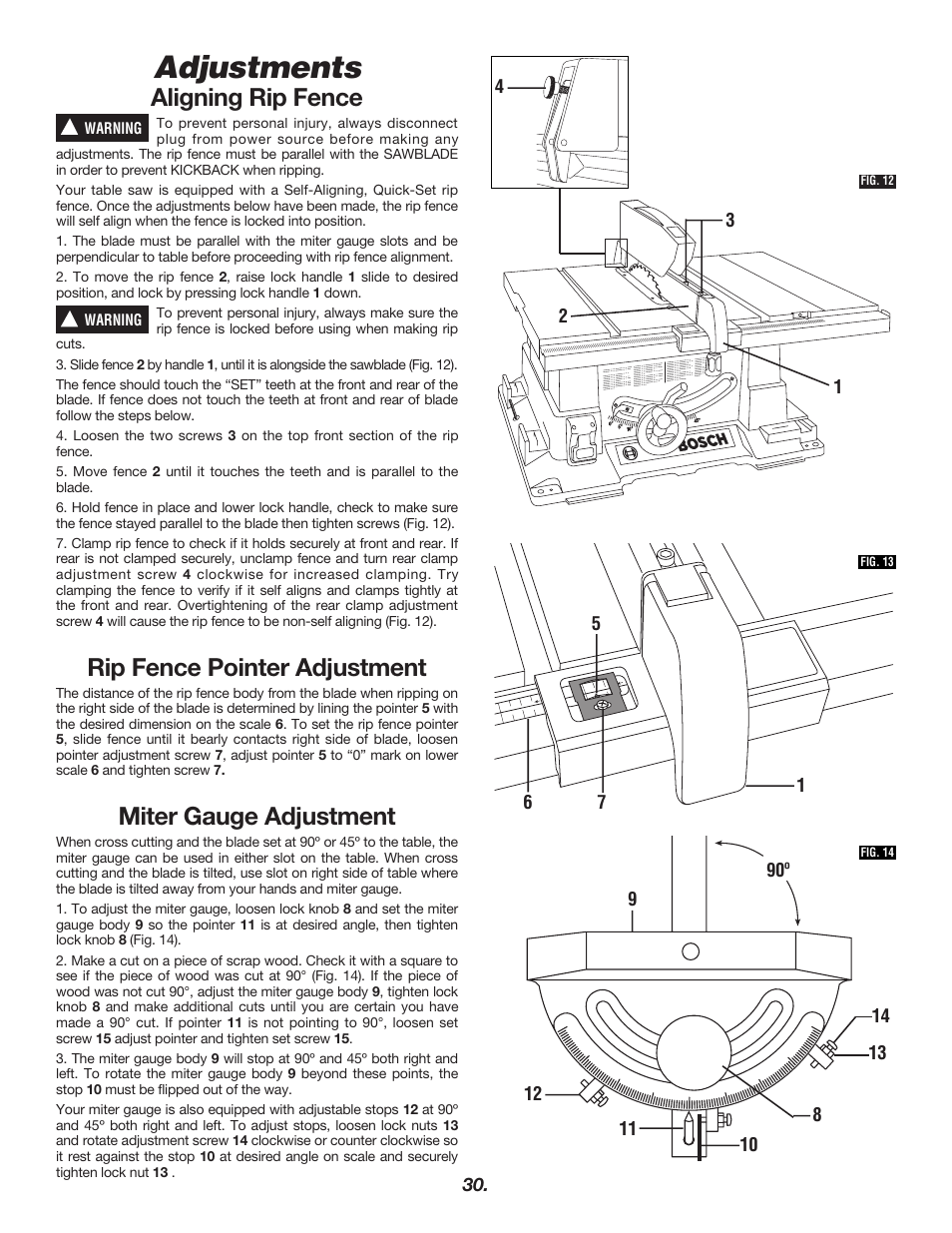 Adjustments, Aligning rip fence, Rip fence pointer adjustment | Miter gauge adjustment | Bosch 4000 User Manual | Page 30 / 68