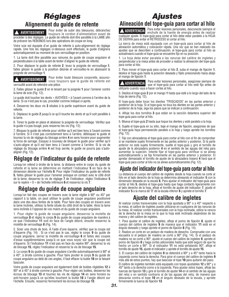 Ajustes, Réglages, Alignement du guide de refente | Réglage de l’indicateur du guide de refente, Réglage du guide de coupe angulaire, Alineación del tope-guía para cortar al hilo, Ajuste del calibre de ingletes | Bosch 4000 User Manual | Page 31 / 68