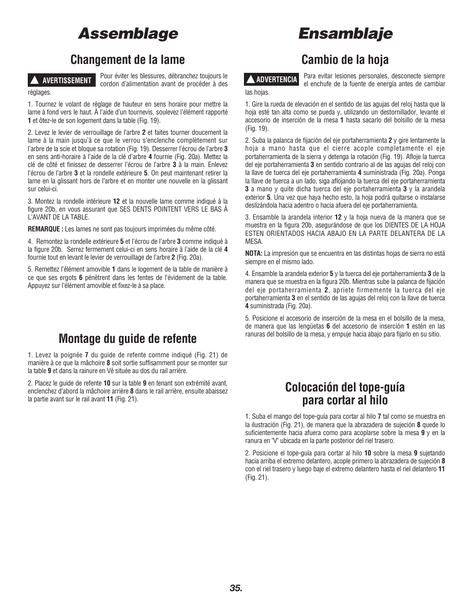 Ensamblaje assemblage, Changement de la lame, Montage du guide de refente | Cambio de la hoja, Colocación del tope-guía para cortar al hilo | Bosch 4000 User Manual | Page 35 / 68