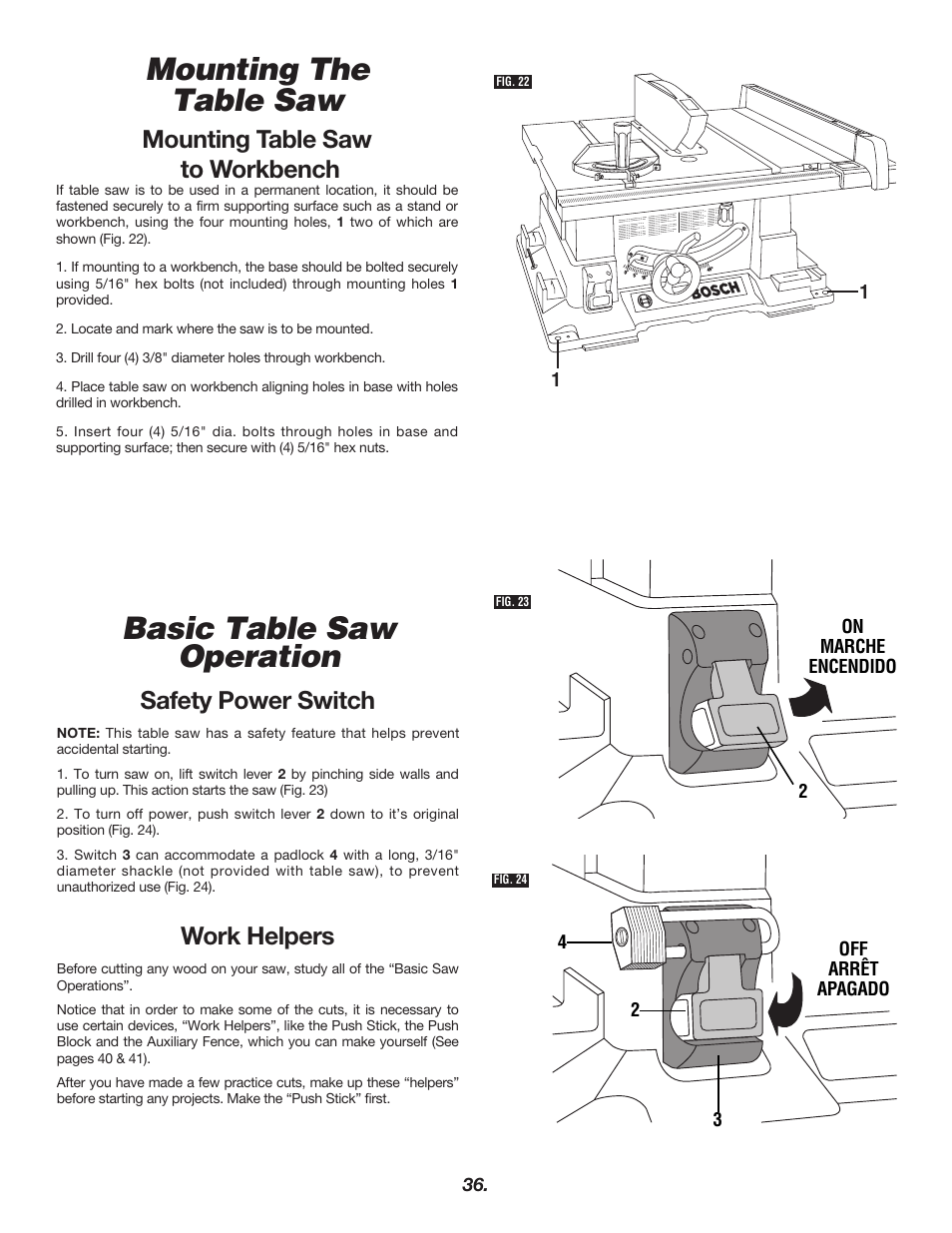 Mounting the table saw, Basic table saw operation, Mounting table saw to workbench | Safety power switch, Work helpers | Bosch 4000 User Manual | Page 36 / 68