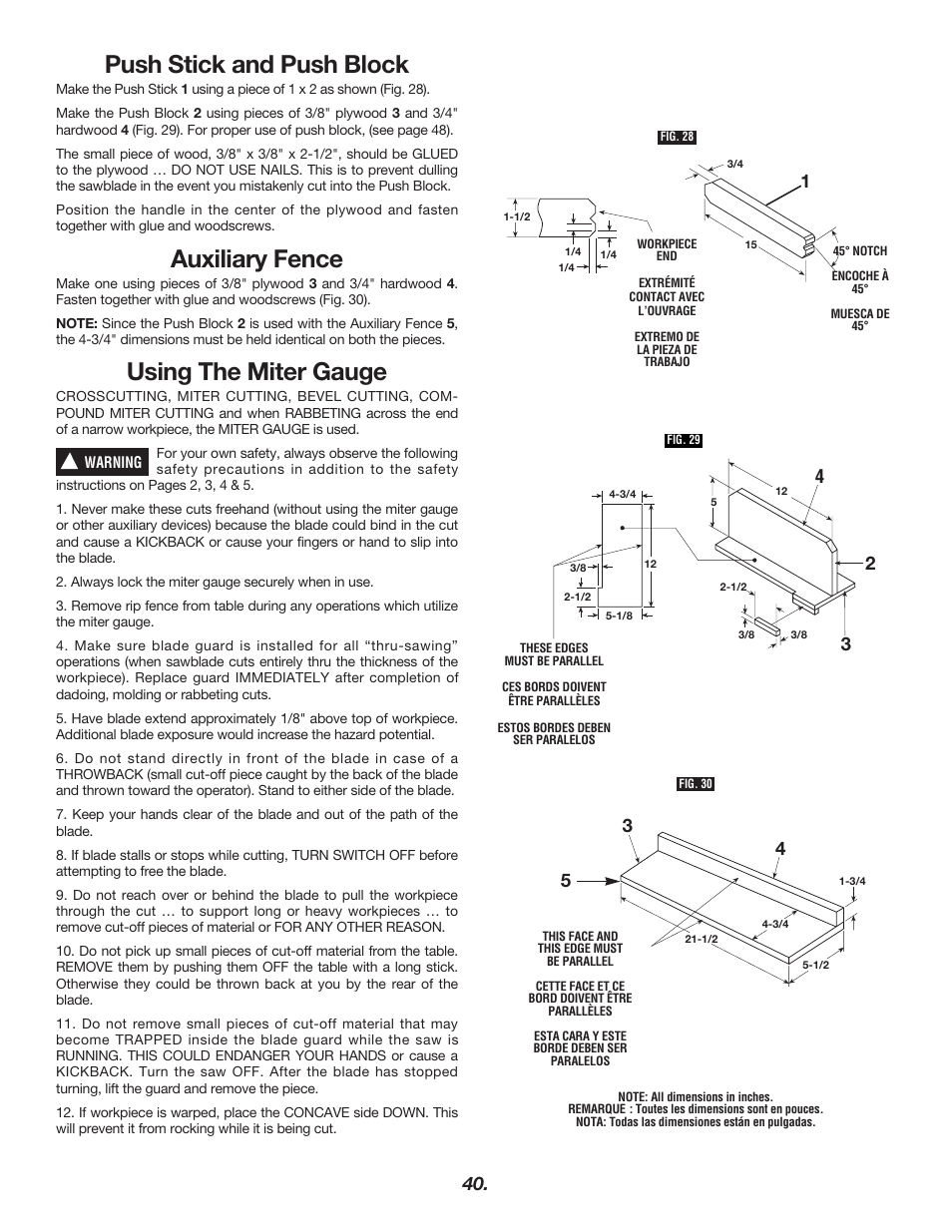 Push stick and push block, Auxiliary fence, Using the miter gauge | Bosch 4000 User Manual | Page 40 / 68