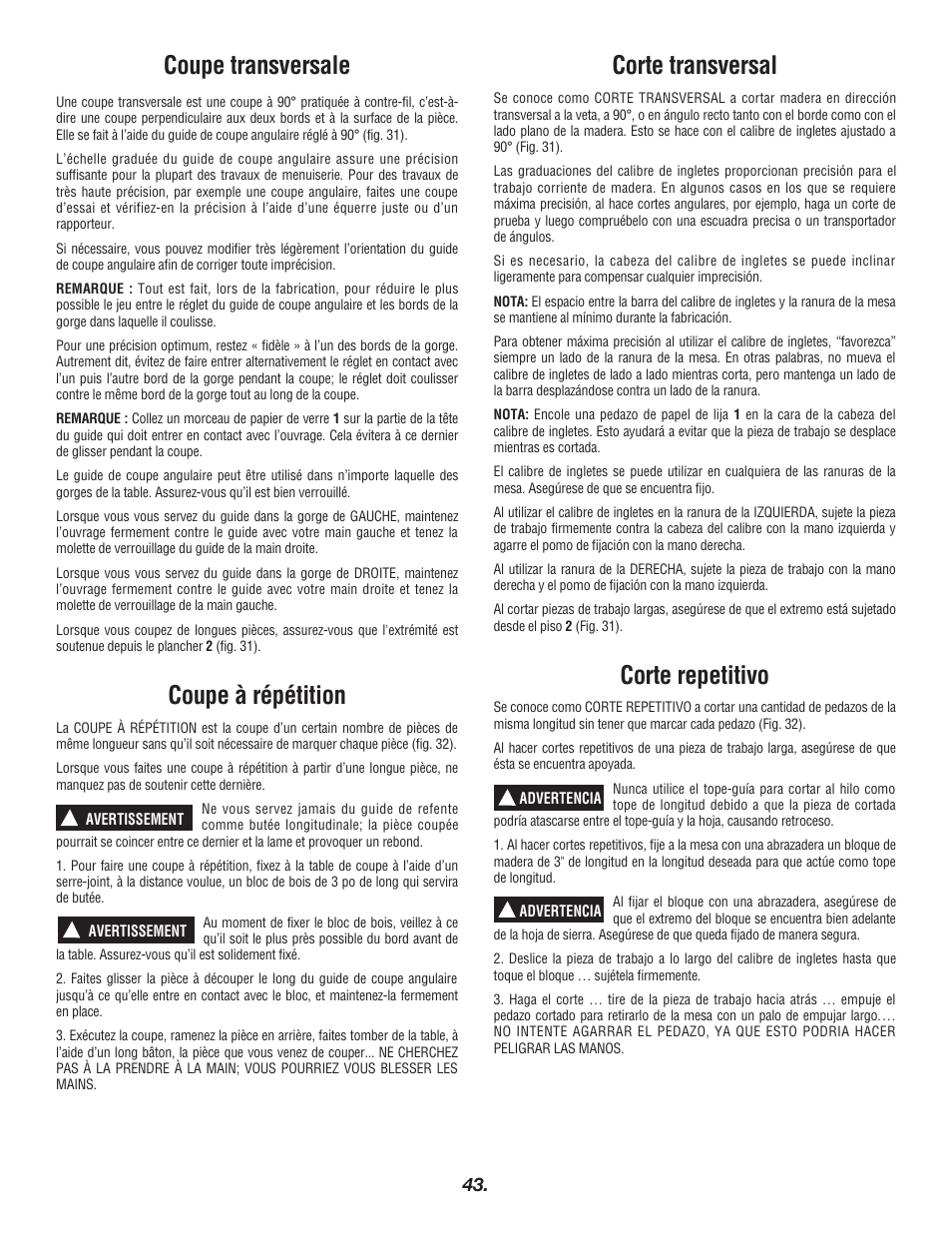 Coupe transversale, Coupe à répétition, Corte transversal | Corte repetitivo | Bosch 4000 User Manual | Page 43 / 68