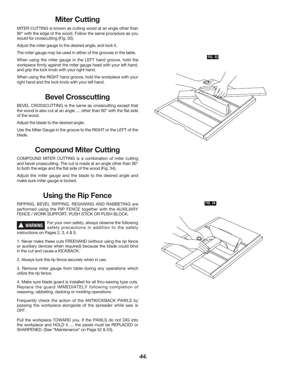 Miter cutting, Bevel crosscutting, Compound miter cutting | Using the rip fence | Bosch 4000 User Manual | Page 44 / 68