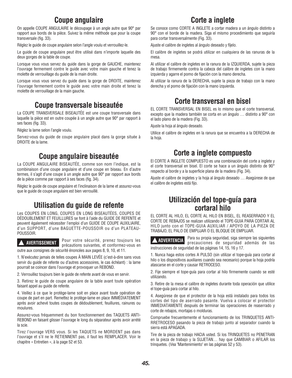 Coupe angulaire, Coupe transversale biseautée, Coupe angulaire biseautée | Utilisation du guide de refente, Corte a inglete, Corte transversal en bisel, Corte a inglete compuesto, Utilización del tope-guía para cortaral hilo | Bosch 4000 User Manual | Page 45 / 68